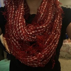 White,red with gold metallic string infinity scarf